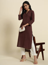 Thread Plus Cotton Flax Straight Kurti In Coffee Color For Women